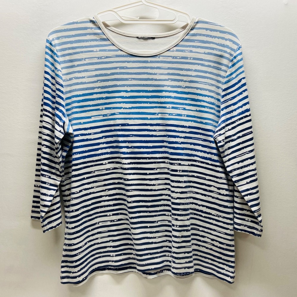 Women's Ombre Stripe Shirt Large 3/4 Sleeve Blue Stripe Knit Cotton Blend Top
